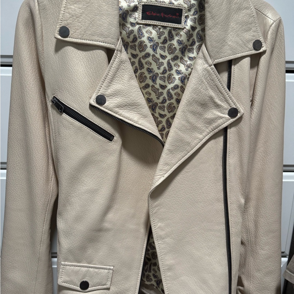 Elegant Cream Leather Jacket with Paisley Lining